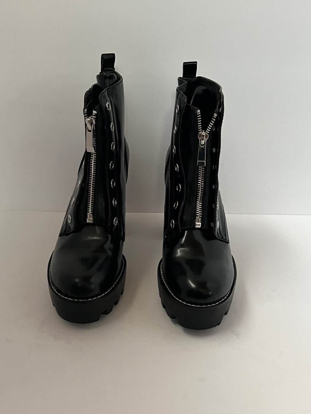 Zara Women’s Black Patent Combat Boots with Front Zipper